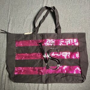 Victoria's Secret‎ Black Tote Pink Sequin VS Logo Vintage Rare Glam Y2K NWT